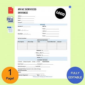 HVAC Services Invoice Template With Custom Branding | Professional Heating & Cooling Invoice | Editable MS Word and PDF - Etsy