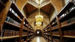 Explore the stunning architecture and vast collection of ancient books in the historic library set in a beautiful castle Stock Video