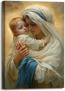 OAAPITI Virgin Mary Wall Art Mother Mary Holding Baby Jesus Picture Print On Canvas Vintage Mary Art Poster Religious Catholic Painting Living Room Bedroom Decor(Artwork-3,12"x18")