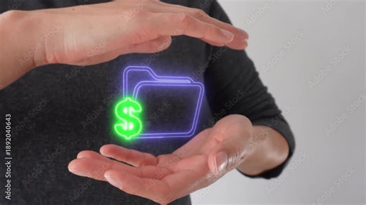 Economic files. Close-up of women's hands protecting each other. A virtual icon of a folder with a money symbol.