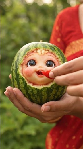 4K Watermelon Carving Art | Cute Cherub Face by Indian Saree Artist"