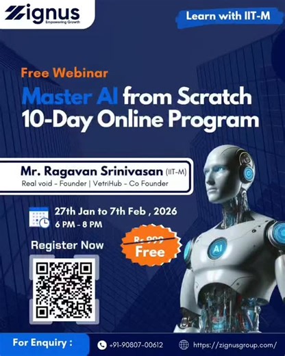 Zignus Elearning on Instagram: "Free AI & Machine Learning Webinar 📅 27 January - 7 th February 🕕 Time: 6:00 PM – 8:00 PM Join our FREE webinar series and get a strong introduction to Artificial Intelligence and Machine Learning, starting from fundamentals and progressing to advanced concepts. 📘 What you’ll learn: • AI Basics & Introduction • Search Techniques • Knowledge & Logic • Expert Systems • PROLOG & Reasoning • Intelligent Agents & Games • Machine Learning Basics • Decision Trees & Ba