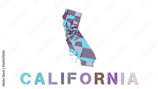 California map with paper regions. Animated us state map growing from regions and title letters falling down. Trendy 4k animation.