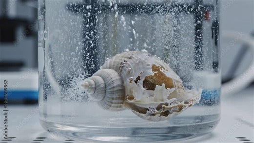 Ocean Acidification Research concept. Shell submerged in water within a laboratory glass container.