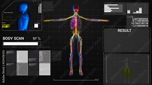 Biometric Scan of Human Body. Medical Diagnostics Dynamically Reveal of Digital Data and Infographics. 3D Analyse of Health and Body condition. Colorful Motion Graphics. Concept of Human Anatomy