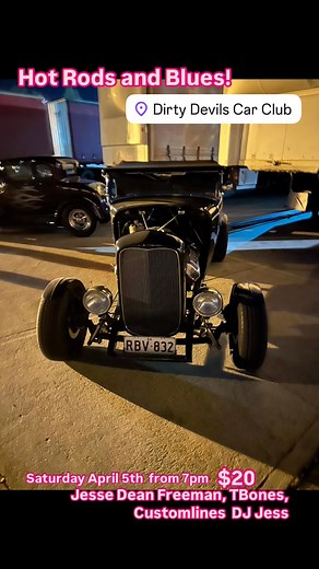 First show for 2025 in the iconic bar! Hot Rods and Jump Blues at Dirty Devils Car Club this Saturday April 5th from 7pm with TBones, Customlines and Jesse Dean Freeman plus DJ Jess! $20 entry at Stickytickets or at the gate! #tbones #customlines #jessedeanfreeman #mcjess #bambalam #dirtydevils #hotrodblues #jumpblues | Kustom Kulture SA