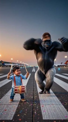 Baby Dhol Player & Dancing Gorilla on Airport Runway | Epic Bhangra Moments