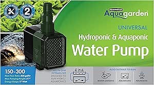 Aquagarden, Universal Hydroponic & Aquaponic Water Pump, Designed to Run Hydro/Aquaponic Systems, Ponds, Aquariums, Fountains, Water Features, Max Flow 300 gal/hr, Max Pump Height 5’7”