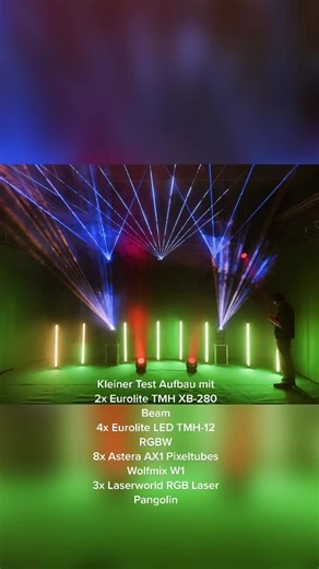 Kleiner Test Aufbau mit 2x Eurolite TMH XB-280 Beam 4x Eurolite LED TMH-12 RGBW 8x Astera AX1 Pixeltubes Wolfmix W1 3x Laserworld RGB Laser Pangolin