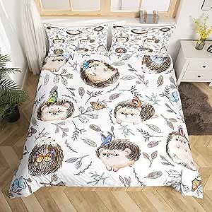 Kawaii Hedgehog Duvet Cover Full Kids Bedding for Girls Boys Hedgehog Gifts Colorful Butterfly Bedding Sets Cartoon Wild Animals Comforter Cover for Hedgehog Lovers Botanical Quilt Cover with Zipper