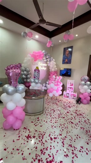 welcome baby, welcome baby girl balloon decoration, welcome baby girl balloon decoration ideas