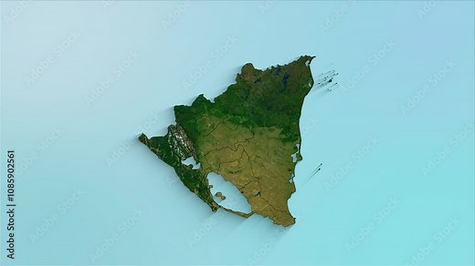 Nicaragua animated map showing regions forming the country with a physical map background and a chroma key alpha channel.