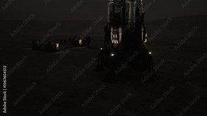 A Martian colony base stands illuminated against the dark terrain, showcasing advanced architecture. The environment highlights the challenges of life on Mars in low light conditions.