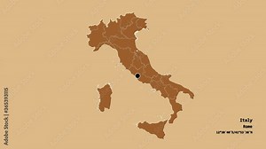 Toscana, region of Italy, with its capital, localized, outlined and zoomed with informative overlays on a solid patterned map in the Stereographic projection. Animation 3D