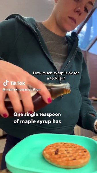 Surprising or no? The sugar adds up really quickly with syrup! I definitely don’t whip out my teaspoon every time I make breakfast, but it does help to get a visual so you have a better sense of it. I’m not saying you can never give them a little cup to dip into, or that you can’t ever let them pour it themselves! I just think it’s helpful to keep in mind so that most of the time you can stick to a drizzle so you don’t accidentally sugar bomb their breakfast. Other toppings I like for pancakes a