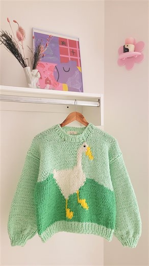Hand-knitted Green Wool Sweater With Goose Design - Etsy