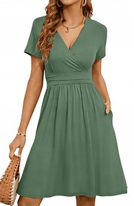 UVN Dresses for Women Deep V Neck Short Sleeve Summer Sundress Midi Party dress with Pocket