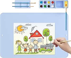 Silicone Craft Mat with Water Cup & Paint Brush Holder, 24"×16" Large Non-Stick Painting Mat for Kids Gift, Raised Edge Art Mat for Crafting, Clay, Jewelry Resin Casting, Play Doh and DIY, Blue