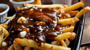 Canadian poutine in a tray, with fries, cheese curds, and brown gravy. A classic and comforting dish from Canada