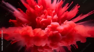 Vivid red powder explosion creating an abstract pattern against a dark background. Swirling bursts of paint in intense shades of red evoke a sense of passion, energy, and motion.