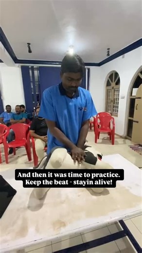 WVS India on Instagram: "CPR practice! Compressions to the beat of ”Stayin Alive” and one breath every 6 seconds if there is another person to give the breaths. Keep elbows locked and shoulders above your hands."