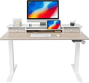 FEZIBO Height Adjustable Glass Electric Standing Desk with Double Drawer, Stand Up Desk with Storage Shelf, Light Walnut