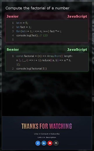 Factorial in JavaScript | Junior vs Senior (Loop vs Reduce)
