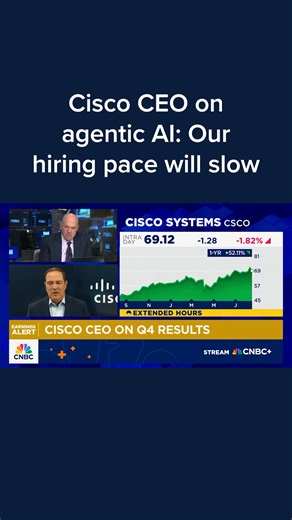 Cisco CEO Chuck Robbins on Thursday said the rise of agentic AI means the tech giant and its peers expect to hire fewer people, "if we get this right." "I don't want to get rid of engineers. I just want our engineers we have today to innovate faster and be more productive," Robbins said. Watch more: cnb.cx/3Hajr88 | CNBC