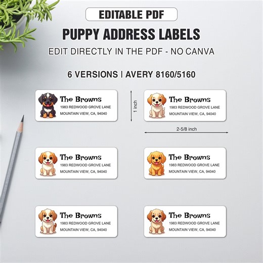 Puppy Address Labels for Avery 5160 & 8160 – Editable PDF Template – 1" X 2-5/8" Mailing Labels – Printable Return Address Labels, 6 Designs - Etsy