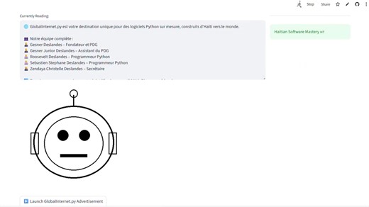 #creatorsearchinsights: 🌐 GlobalInternet.py est votre destination unique pour des logiciels Python sur mesure, construits d'Haïti vers le monde. Visitez notre site web : globalinternetsitepy-abh7v6tnmskxxnuplrdcgk.streamlit.app 👥 Notre équipe complète : 👨‍💼 Gesner Deslandes – Fondateur et PDG 👨‍💼 Gesner Junior Deslandes – Assistant du PDG 👨‍💻 Roosevelt Deslandes – Programmeur Python 👨‍💻 Sebastien Stephane Deslandes – Programmeur Python 👩‍💼 Zendaya Christelle Deslandes – Secrétaire 📅