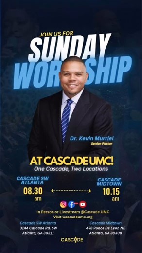 🙌🏾 **You’re invited to worship with us at Cascade UMC this Sunday!** Join us at one of our worship experiences: ✨ **8:30 AM** – Cascade SW | 3144 Cascade Rd SW, Atlanta, GA 30311 ✨ **10:15 AM** – Cascade Midtown | 458 Ponce De Leon Ave NE, Atlanta, GA 30308 Not in Atlanta? No problem! 🎥 **Stream live** on Facebook or YouTube @CascadeUMC and worship with us from wherever you are! Come encounter God, experience community, and be renewed. ✨ Visit **cascadeumc.org** for more info — we can’t wait 