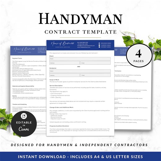 Handyman Contract Template Editable in Canva, Service Agreement for Contractors, Client Agreement for Repairs Maintenance Jobs - Etsy Canada