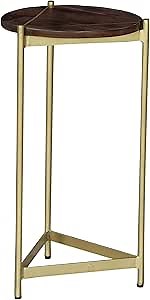 The Urban Port Corner Table with Round Wooden Top and Triangular Metal Base, Brown and Brass