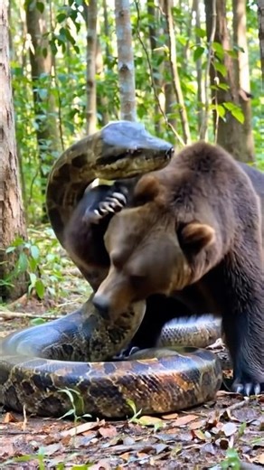 Brown Bear vs Giant Python — Can It Break Free?#bear #python #wildlife #survival #epicmoment