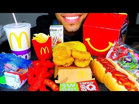 ASMR MCDONALDS TOYS CHICKEN NUGGETS HOT CHEETO PUFFS HAPPY MEAL HOT DOG EATING SHOW JERRY MUKBANG