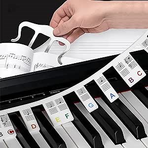 Removable Piano Keyboard Note Labels, 88 Keys for Beginners Note Guides, Made of Silicone, Comes with Metal Music Book Clip, Page Holder - Sheet Music Holders for Piano, Keyboard, Stands, and Books