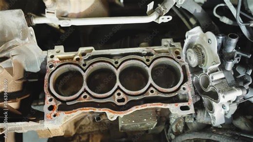 Movement of pistons in internal combustion engine. Demonstration of principle of engine operation. Four-stroke inline car engine. Repair of cylinder block with pistons in car service center.