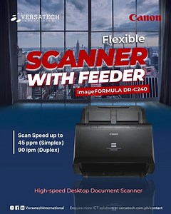 🌟Fast, flexible, and effortless, scan with ease and precision! Enjoy impressive scan speed up to 45 ppm (Simplex) & 90 ipm (Duplex) with the Canon imageFORMULA DR-C240—a suitable scanner for large documents quickly and easily! Get high-quality, detailed scans with these features: ✔ Upgraded feeding mechanism – Reduce paper skewing and scan mixed sizes seamlessly. ✔ Fast, reliable scanning – Capture various document sizes with consistent speed and precision. ✔ Easy to Use – CaptureOnTouch featur