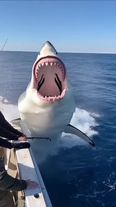 Ultra-realistic cinematic ocean scene, POV from a small fishing boat in the open sea. A massive great white shark suddenly erupts from the water beside the boat, jaws wide open, sharp teeth fully visible, water exploding everywhere in slow motion. Fishermen on the boat react with shock and adrenaline, leaning over the edge as the shark lunges upward. Bright midday sunlight, deep blue ocean, realistic waves and splashes, high detail shark skin texture, intense facial expressions, action-packed vi