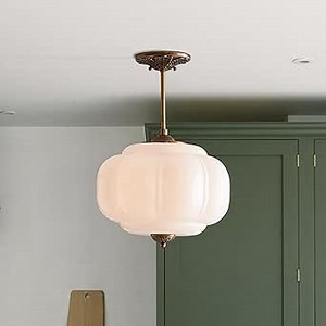 Milk Glass Ceiling Light Fixture - Antique Brass Semi Flush Mount Pendant Light for Kitchen, Hallway, and Bedroom 15 inch (White 15 inch)