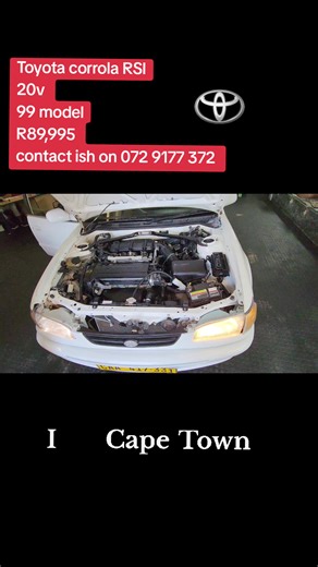 #webuycarscapetown #wesellcarscapetown #webuycarssouthafrica #cheapiescapetown #capetowncars TOYOTA COROLLA RSI 20 VALVE 187 000KM 99 model AIRCON POWER STEERING ELECTRIC WINDOWS ALARM CENTRAL LOCKING 5 SPEED MANUAL R89,995 SLIGHTLY NEGOTIABLE 9 MAYMOENA CRESENT ATHLONE INDUSTRIA CAPETOWN