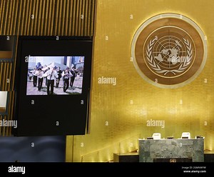 New York, United States. 20th Sep, 2021. A music video of South Korean boy band BTS is viewed on the GA Hall monitors at the SDG Moment event as part of the UN General Assembly 76th session General Debate in UN General Assembly Hall at the United Nations Headquarters on Monday, September 20, 2021 in New York City. Sustainable Development Goals (SDG) are a blueprint for fighting poverty and hunger and confronting the climate crisis . Photo by John Angelillo/UPI Credit: UPI/Alamy Live News Stock P