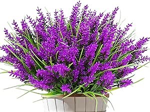 20 Bundles Outdoor Artificial Plants and Flowers, UV Resistant Faux Monkey Grass with Lavender and Fake Plastic Greenery for Spring Summer Outside Planter Porch Garden Decor, Fuchsia