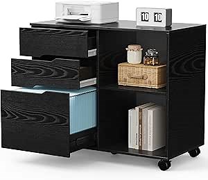 OLIXIS 3 Drawer Wood File Cabinet Small Mobile Lateral Printer Stand Storage with Open Shelf Shelves for Home Office