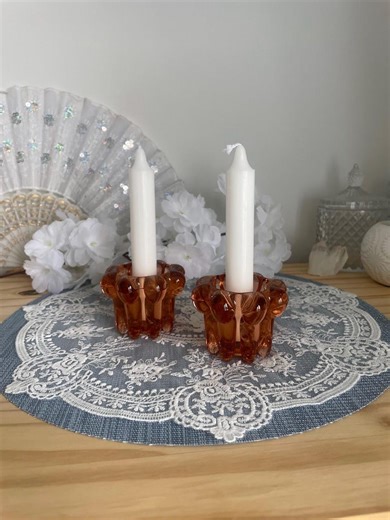 Vintage Amber Glass Candle Holders Set of 2 Scalloped Flower Shape Retro Decor Made in Indonesia - Etsy