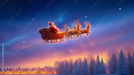 Santa’s sleigh and reindeer fly smoothly across a twilight sky above snowy trees, moving toward the bright horizon; the sleigh tilts gently as star trails and haze shift behind it.