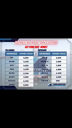 PERMISSION TO POST ADMIN! ‎ ‎🔥 10% DISCOUNT on STCW COURSES! ‎✅ Full Course & Refresher Available ‎✅ Fast & Hassle-Free Enrollment ‎✅ Assist agad — Walang Pila, 101% Legit! ‎ ‎📘 AVAILABLE COURSES: ‎ ‎⚓ TESDA TRAINING & ASSESSMENT ⚓ ‎✅ NC I – Messman Course ‎✅ NC II – Cookery / SMAW / Housekeeping ‎✅ NC III – Ship’s Catering / Cook ‎✅ Bread & Pastry, Food & Beverage ‎ ‎✨ 1 DAY RELEASE for all NC Renewal! ‎ ‎⚓ STCW COURSES ⚓ ‎✅ Basic Training (BT) ‎✅ Survival Craft & Rescue Boat (SCRB) ‎✅ Advanc