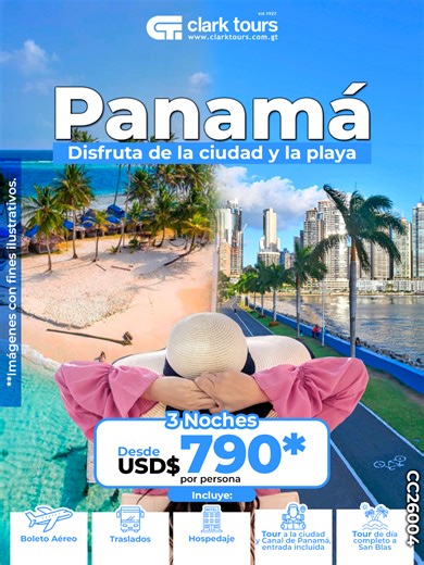 🇵🇦 Vive Panamá al máximo: una ciudad vibrante, el imponente Canal y el paraíso natural de San Blas. Descubre playas de arena blanca y aguas cristalinas en el territorio Guna Yala, un destino que lo tiene todo. 🌊✨ 💰 Precio desde: USD$790* por persona. 👉 El paquete incluye: ➤ Boleto aéreo. ➤ Tres noches de hospedaje. ➤ Desayunos diarios. ➤ Traslados aeropuerto – hotel – aeropuerto. ➤ Tour de la ciudad y Canal de Panamá con entradas incluidas. ➤ Tour de día completo a San Blas (lunch box, snac