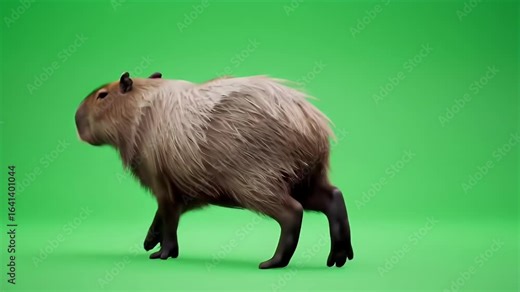 Capybara Walking on Green Screen, Full Body Side View of Large Rodent in Motion for Easy Compositing