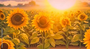 Sunflower, field full of flowers, sunset, bright sun rays, summer spring season, realistic style, bright warm colors, plants, nature, flowers, nature, yellow petals, wallpaper. Generated by AI